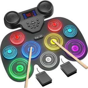 Electric Drum Set with 7 Colorful LED Light Patterns,  Rebound Feel  Drum Kit Featuring  MIDI, 9 Drum Pads, and  Speakers, Christmas Birthday  for  Adult
