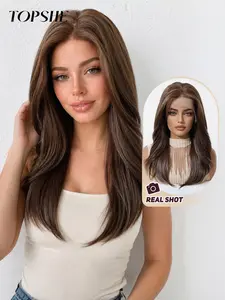 Thoshe Curly Lace Wig, Synthetic Wig, Matte Chestnut, Medium-Length Wavy, Voluminous, Flattering for Round Faces, Beginner-Friendly, All-Season