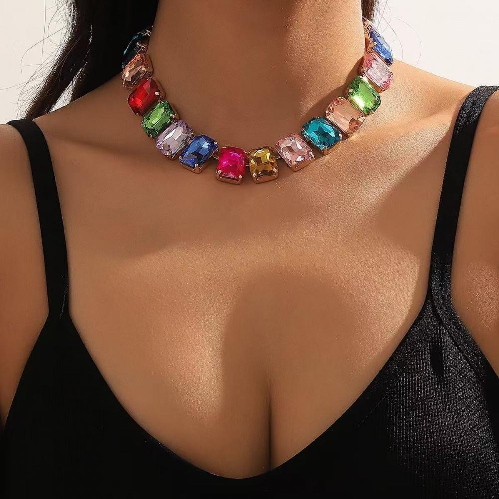Colorful Dopamine Jewelry, Candy-Colored Large Gemstone Necklace, Bold Rainbow Crystal Necklace, Fashionable Aesthetic Jewelry for Summer Parties