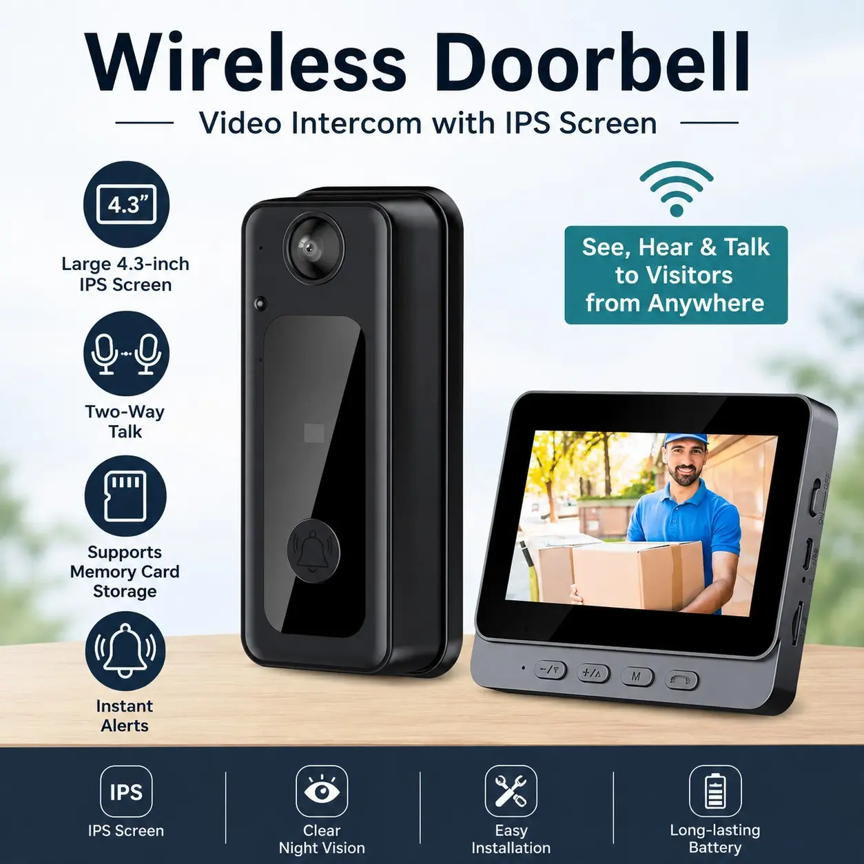 2026 Upgraded Wireless Smart Video Doorbell, 4.3 Inch HD Indoor Display Screen, Two-Way Audio Intercom, Wireless Intercom System, Infrared Night Vision, USB Rechargeable, Optional 32GB/64GB Memory Card, Front Door Home Security Surveillance Cam