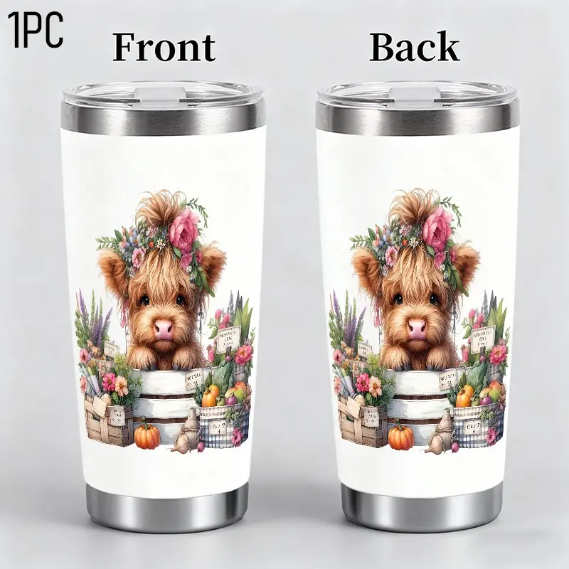 1 Piece Peony Highland Cow 20oz Stainless Steel Tumbler, Flask Tumbler, Vintage Watercolor Design Double Wall Vacuum Insulated, Leakproof Clear Lid, Fit Car Cup Holder, Keep Hot Cold Drinks, For Car Office Home Use, Gift For Women