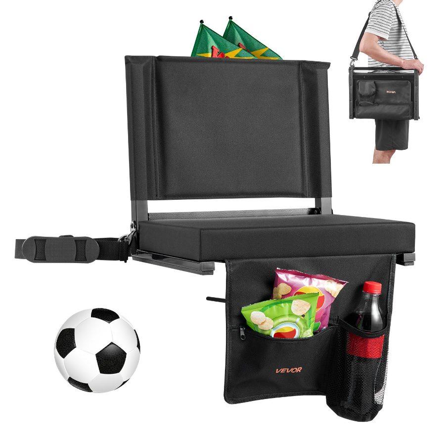 VEVOR Stadium Seat, Folding Bleacher Seat with Back Support and Thick Cushion, Padded Stadium Seats for Bleacher Includes Shoulder Strap, Hooks, Cup Holder, and Side Pocket, Black Bleachers Chair VEVOR Stadium Seat, Folding Bleacher Seat with Back Support and Thick Cushion, Padded Stadium Seats for Bleacher Includes Shoulder Strap, Hooks, Cup Holder, and Side Pocket, Black Bleachers Chair