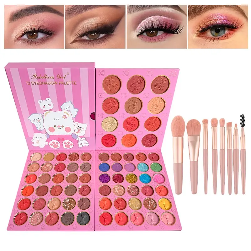 72 Color Bear Eye Shadow Palette with 8 Mini Brushes, Matte Shimmer Glitter, Long-Lasting, Ideal for Daily Makeup, Cosplay, Halloween