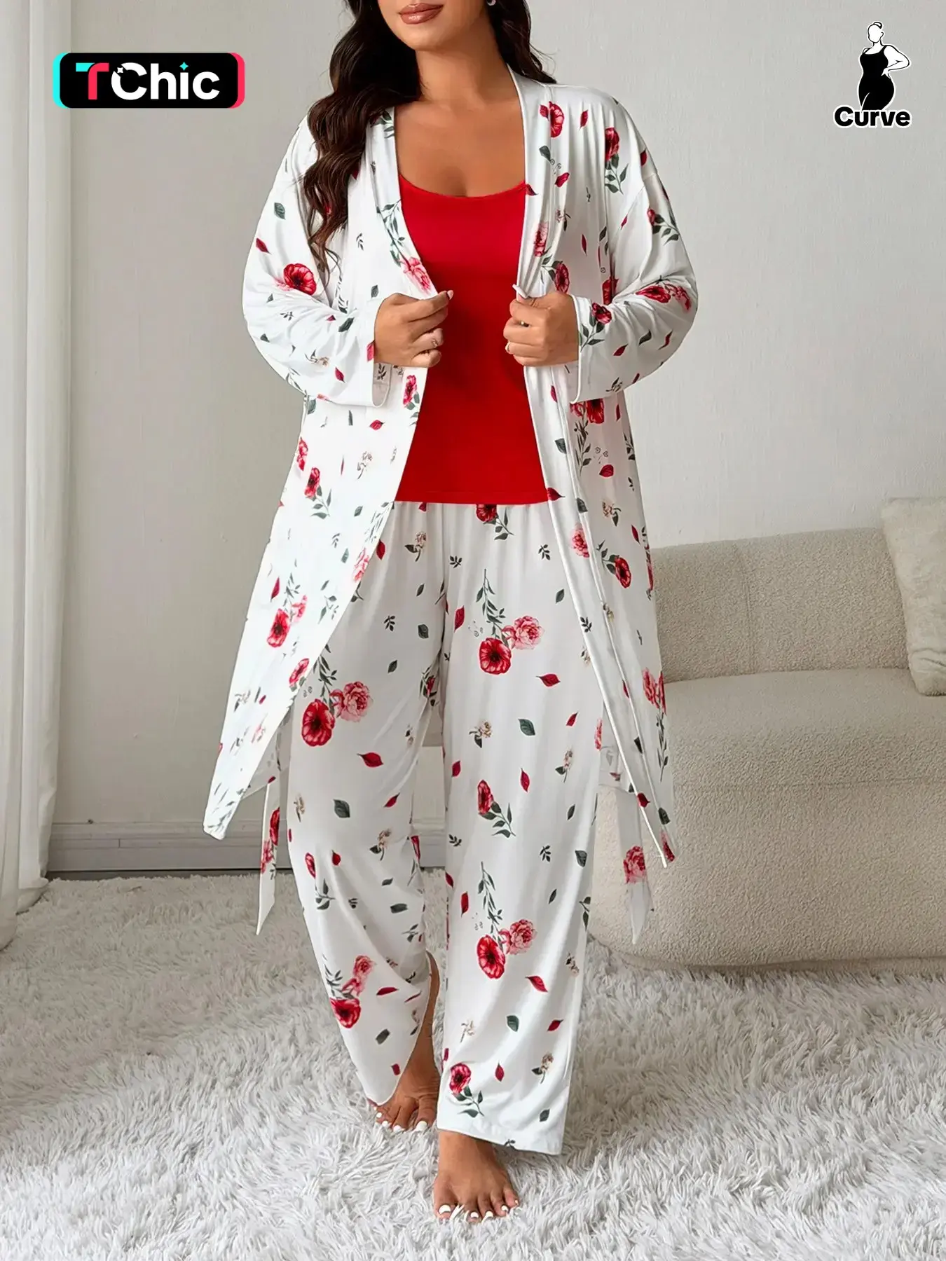 Women Floral Print Pyjamas Set, Printed Pajama Set, Strap Top & Long Pants, Belted Robe, Long Sleeve, Comfortable Sleepwear, Matching Sleepwear, Loungewear, Homewear, Womenswear, Spring & Fall Fitted Style, Pajama Set