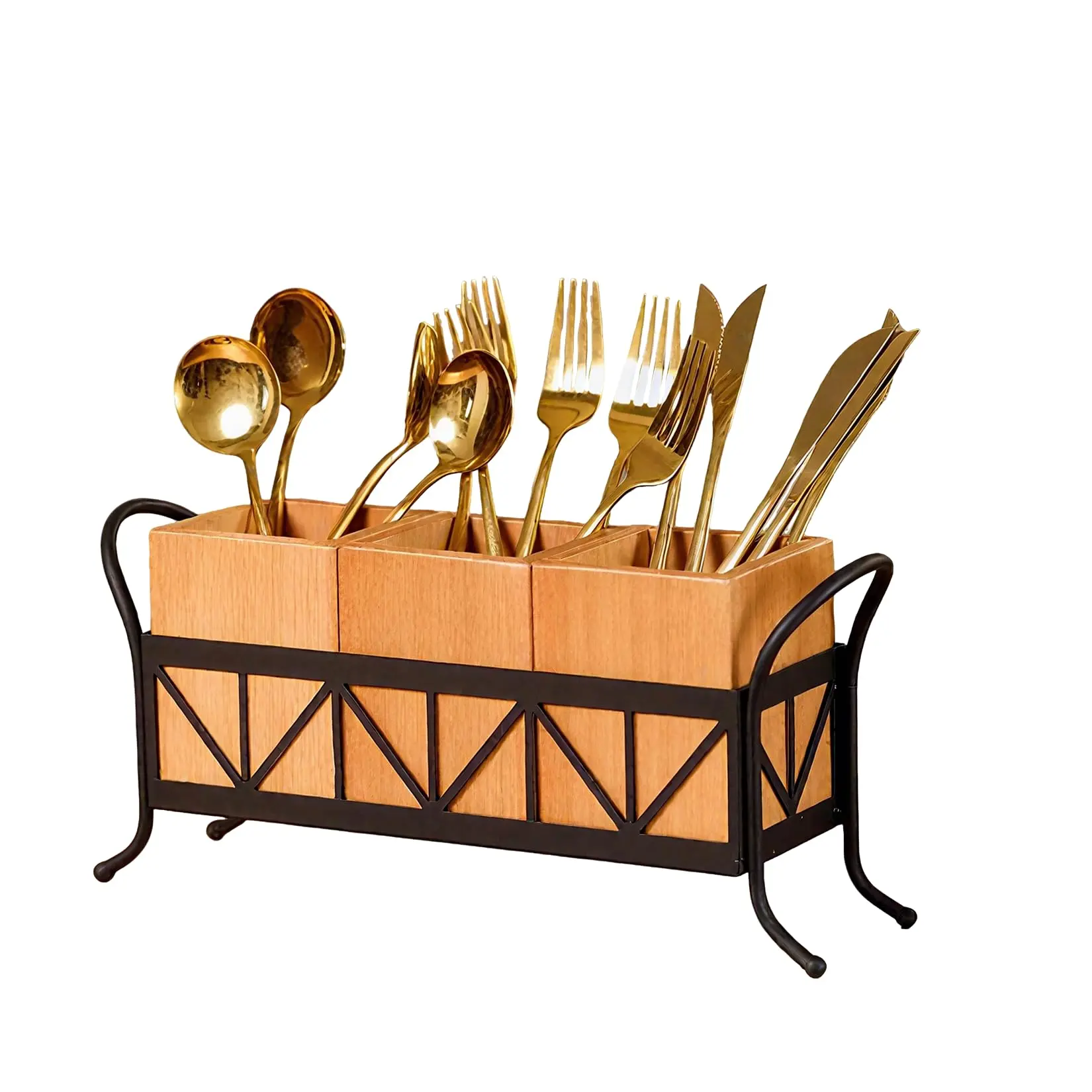 Acacia Wood Silverware Organizer with 3 Sections Detachable Handle Waterproof Utensil Caddy for Forks Spoons Knives Countertop Storage for Kitchen Dining Table Outdoor Party