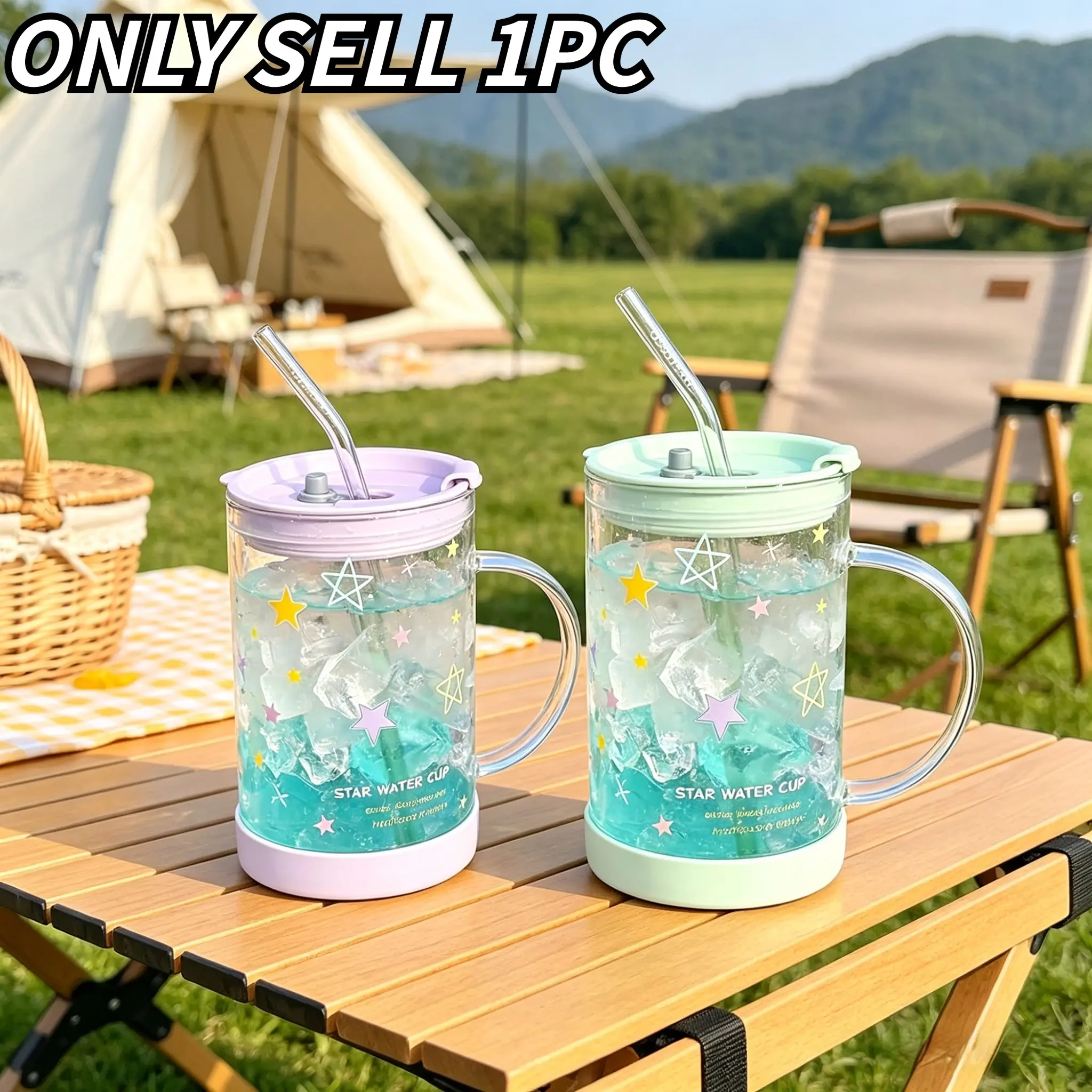 Dreamy Star Print Glass Cup, Leak-Proof Straw Cup, 1000ML Large Capacity, Heat Resistant Handle, Ideal for Juice, Coffee, Outdoor Camping