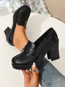 Vintage Embossed Floral Chunky Heel Penny Loafers, Y2K College Style, Anti-Slip Sole, Ergonomic Cushion Insole, High Heeled Shoes for Dates and Work