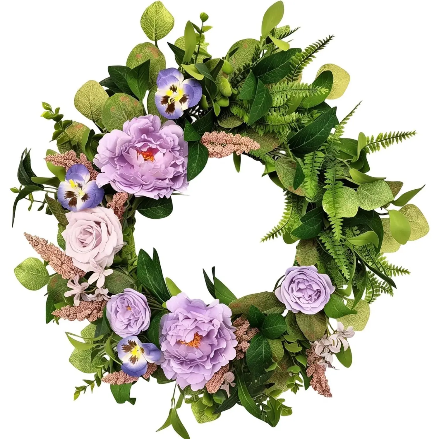 20 Inch Pale  Artificial Floral Wreath - Peony Rose Pansy with Lavender Wildflowers, Spring Summer Decor for Front Door Wall Window, Indoor Outdoor Wreaths
