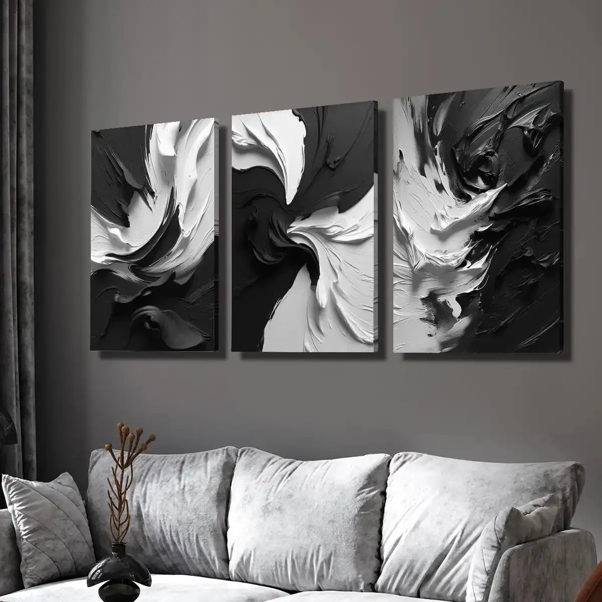 Artistic 3-Piece Houndstooth-Plaid-Marble Modern Black and White Canvas Painting Set - Home Decor Posters & Prints for Living Room, Office - Ideal Holiday Gift for Christmas, Father's Day, Thanksgiving