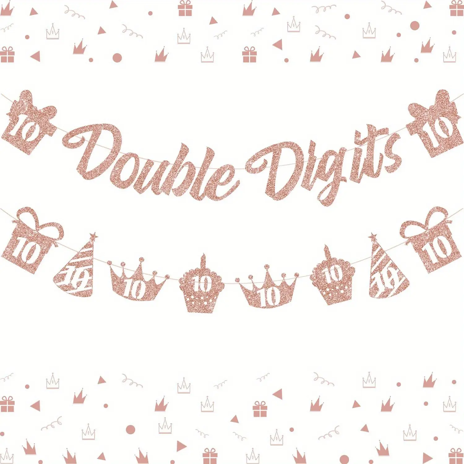 1Set Rose and Gold Double Digits Birthday Banner 10th Birthday Party Decorations for Girls 10 Year Old Happy Birthday Party Supplies Rose Glittering Garland