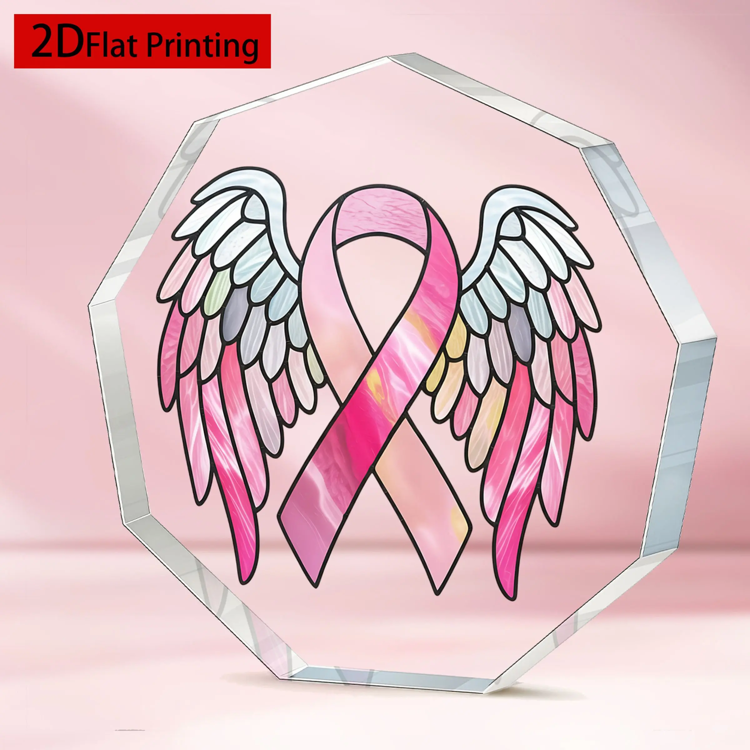 Octagonal 2D Flat Print Acrylic Table Plaque, Stained Glass Ribbon Angel Wings, Breast Cancer Awareness Decor, Memorial Gift