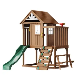 VEVOR Outdoor Wooden Playhouse, Modern Cedar Playhouse for Age 2-8 Years Kids, Garden Games Cottage, Country Style Cedar Playhouse with Slide, Ladder, Climbing Wall, Windows, Picnic Table and Bench