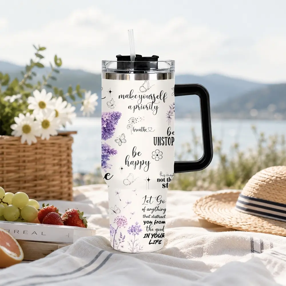 Inspirational & Just Breathe Design Vacuum Flasks GuLuBoo Vacuum Flasks 40oz Stainless Steel Vacuum Insulated Tumbler with Straw Leak Resistant Travel Mug Thermos Cup for Coffee, Gym & Office, Ideal Holiday Gift
