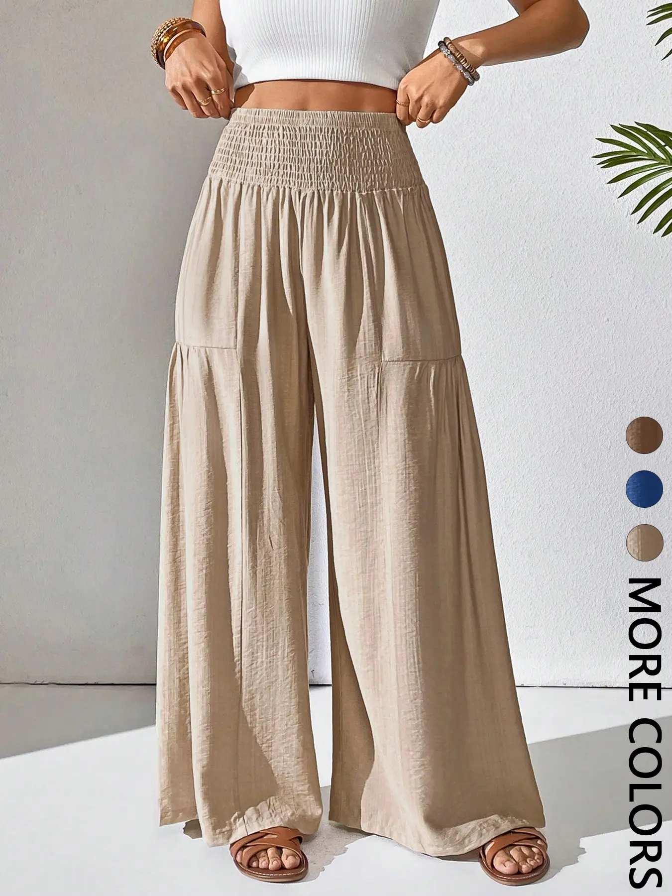 Women's High-Waisted Wide-Leg Pants, Elastic Waist, Loose Fit, Baggy, Casual Style, All Seasons, Plain Pattern, Comfortable and Stylish