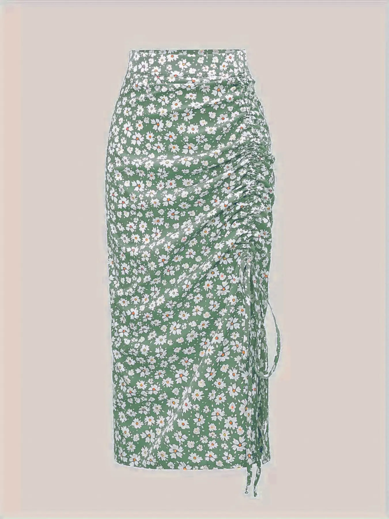 New European and American Style Women's Fit High Waist Floral Daisy Print Drawstring Split Bodycon Skirt, Fashionable, Stylish and Chic Half Skirt