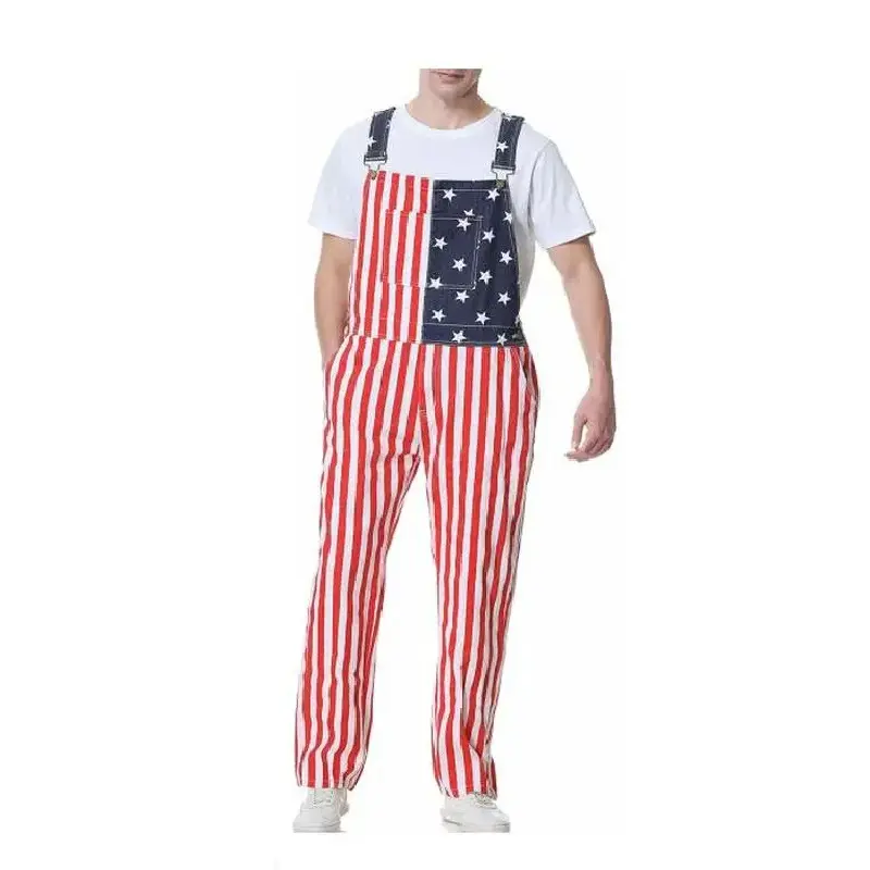 Men's American Flag Bib Overalls in Comfortable and Breathable Cotton, Patriotic Non Stretch Menswear with a Loose Fit for 4th of July