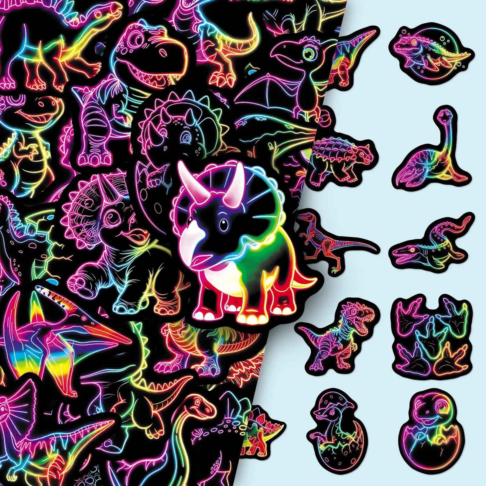 50pcs Neon Dinosaur Cute & Creative Cartoon Stickers, Trendy & Unique DIY Decor for Journaling, Skateboard, Phone Case & Car