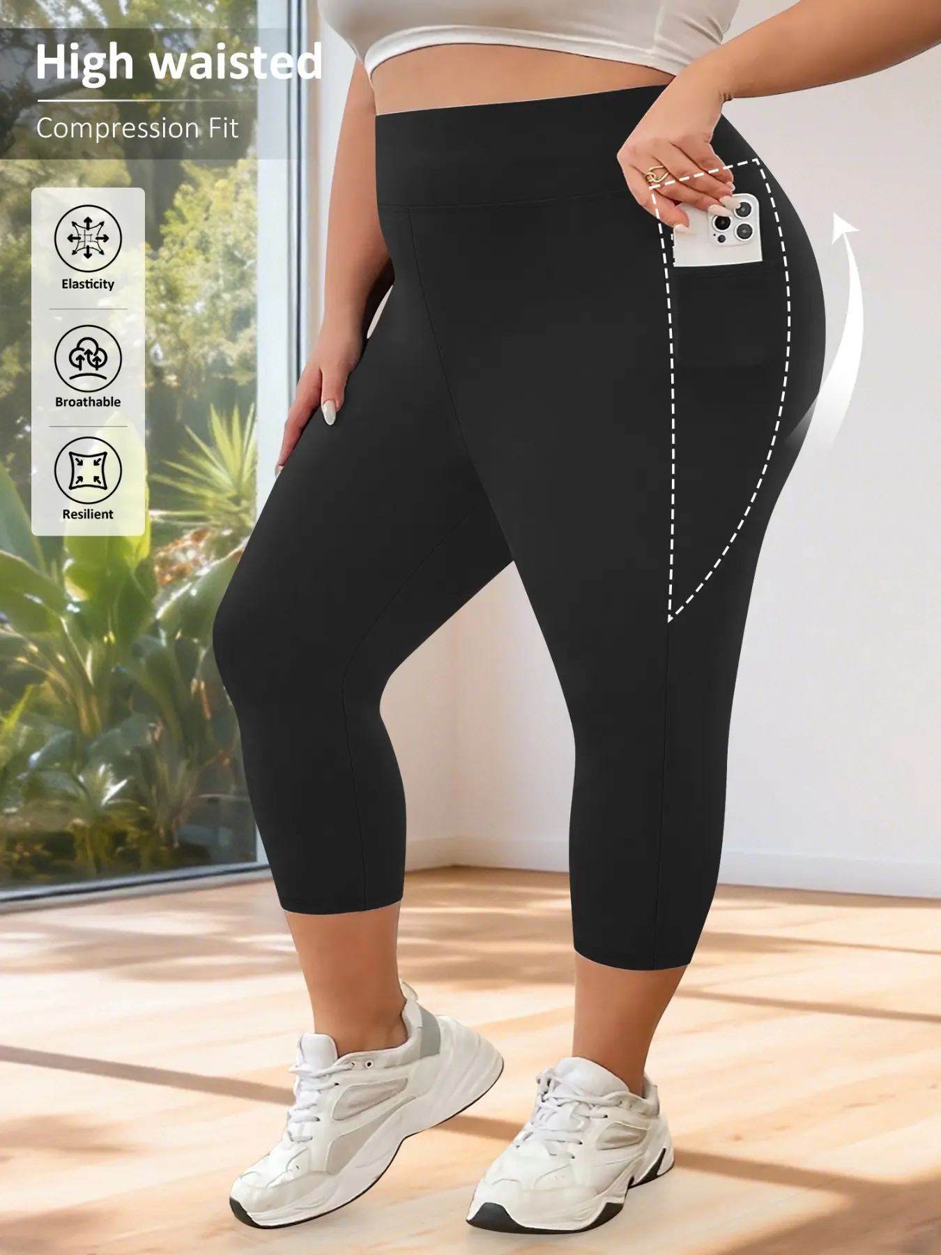 Plus Size Women's High-Waisted Yoga Pants, Sporty Leggings with Practical Pockets, Soft Breathable Fabric, All-Season Wear