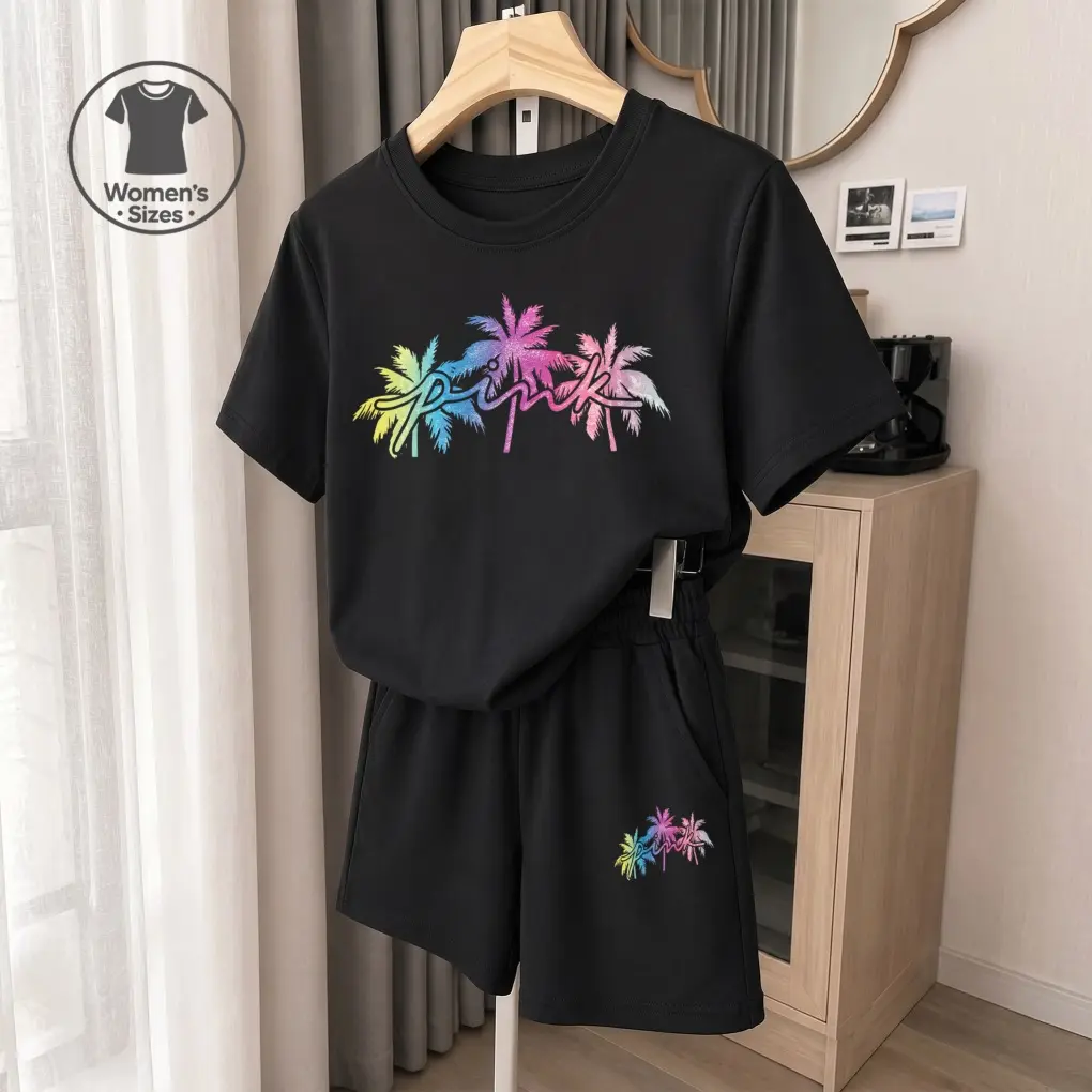 Women's Palms Graphic Short Sleeve T-Shirt And Shorts Set, Casual Summer Two-Piece Outfit With Crew Neck Top And Drawstring Waist Shorts For Daily Wear