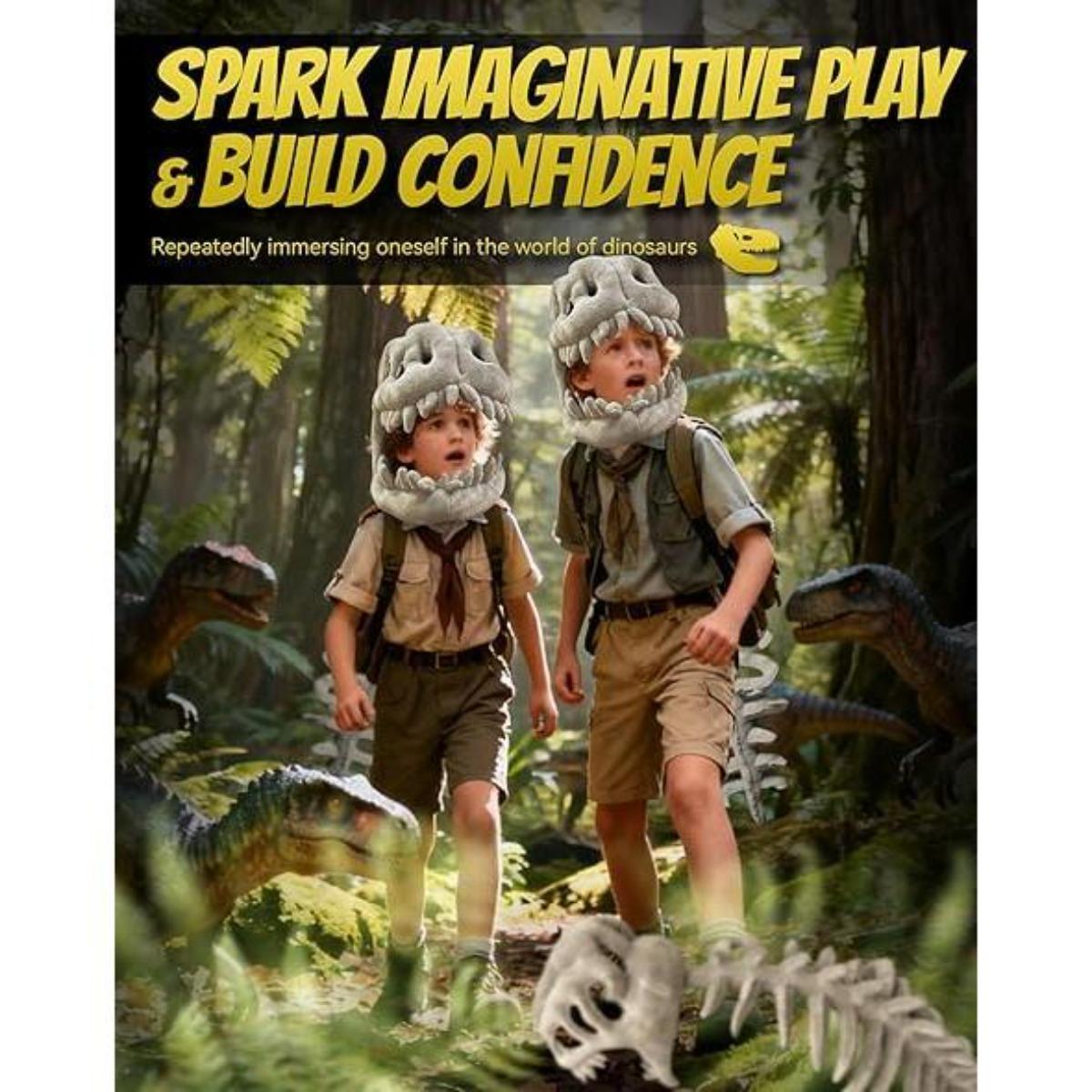 Realistic Dinosaur Skeleton Costume Set for Adults and Kids – Soft Plush Mask Hood with Spinal Backpiece, Wearable Halloween Role Play Party Outfit for Jurassic Cosplay