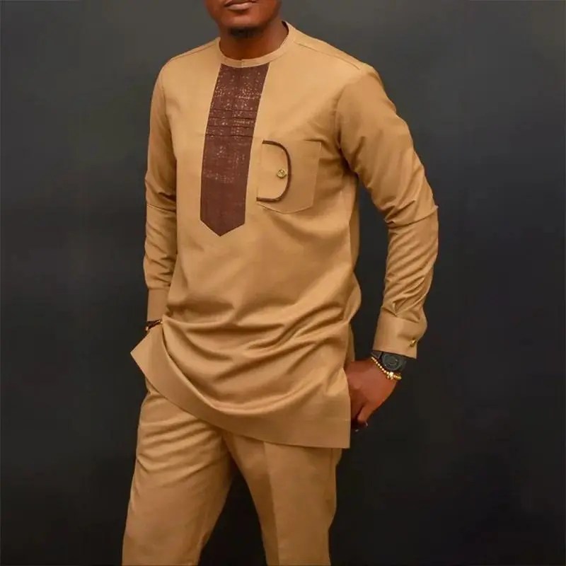 Men's Traditional Muslim African Style 2-Piece Suit Set, Menswear Formal Groom Outfit with Round Neck Long Sleeve Top & Pants, Mens Clothing