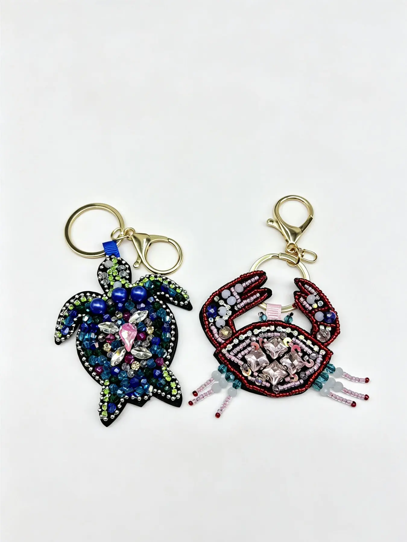 Two Handcrafted Rhinestone Beaded Keychains Set, Deep Sea Turtle Crab Pendant, Couples Friends Car Bag Charm, Beach Gift