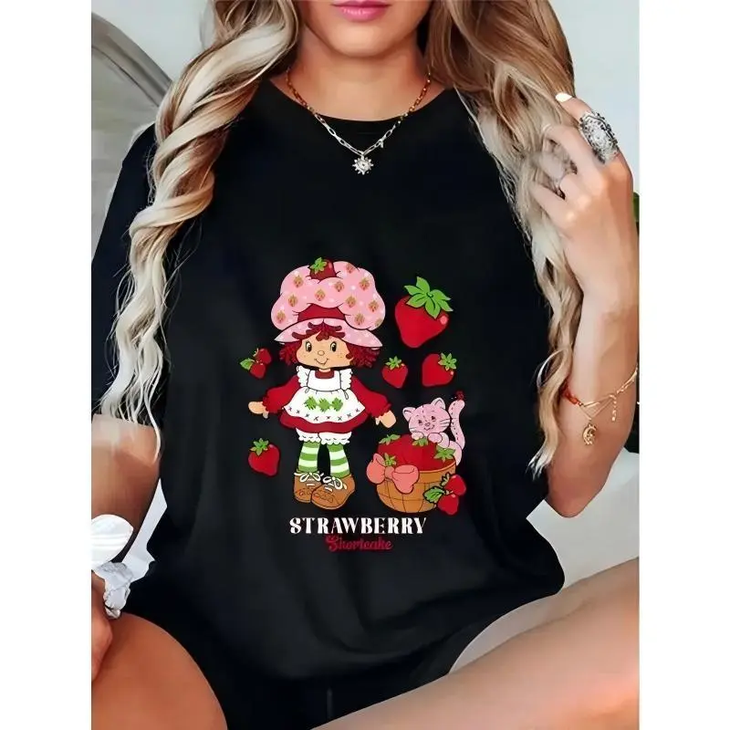 Cotton Unisex Vintage Strawberry Shortcake and Kitty Custard Casual T-Shirt