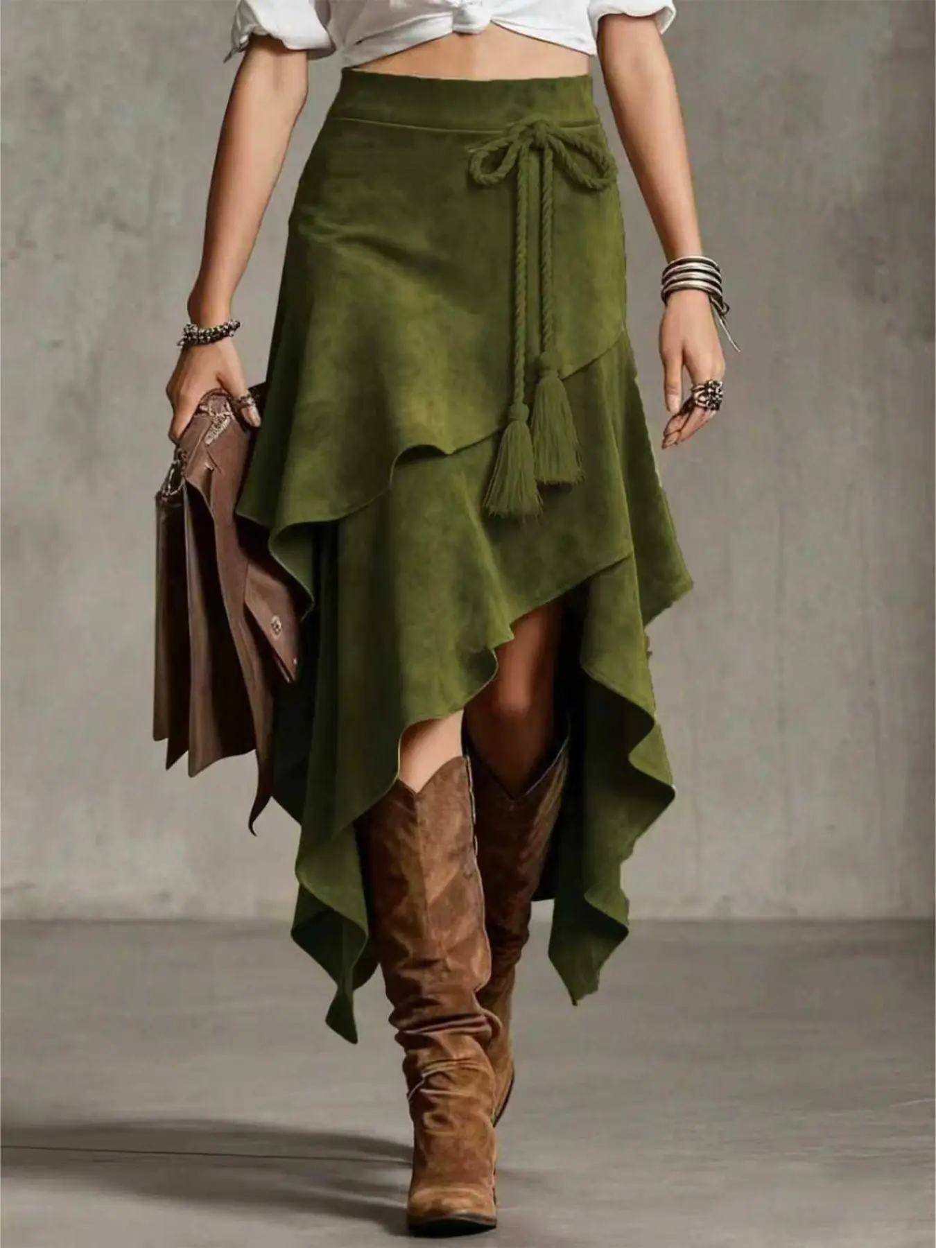 Vintage Suede Fringe Drawstring Asymmetrical Midi Skirt, Elegant Plain Surface, Slim-Fitting, All Seasons, Unlined, China Made