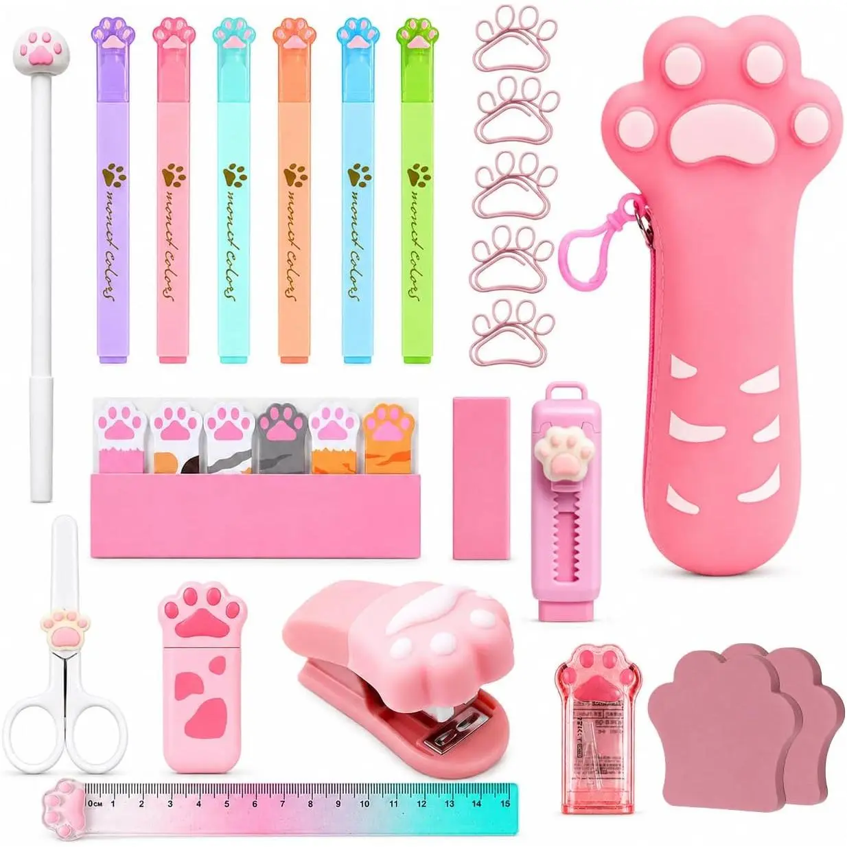 24 count Cute Stationery Set W Paper Clips Stapler  Sticky Notes Eraser Ruler Sharpener Pencil Case Highlighter Correction Tape Desk Accessories for School Office Supplies
