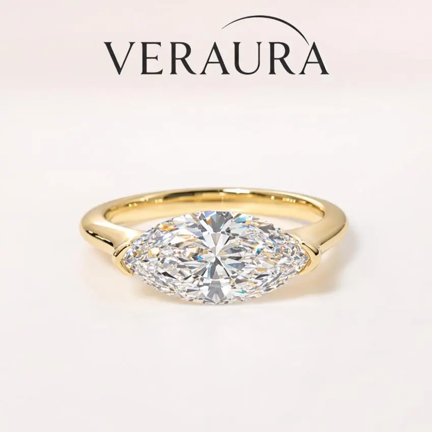 Modern East-West Marquise Ring with 3CT 5A Cubic Zirconia, Long-Lasting Gold Metal Coating and Half Bezel, Everyday Wear Jewelry, Adults, Diamond-Like Sparkle, Non Tarnish Jewelry, Female, Crafted From Durable Brass, Daily, Marquise-Cut