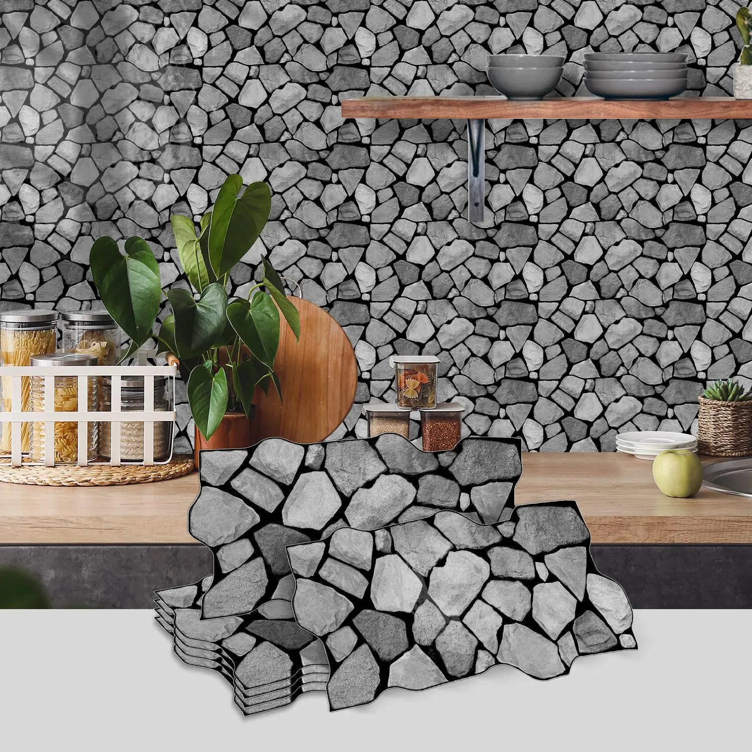 Self-Adhesive Faux-Rock Ceramic Tile Wall Decals, Waterproof Mold-Resistant Easy to Clean, Heat-Insulating Wallpaper for Kitchens Bathrooms Living Rooms
