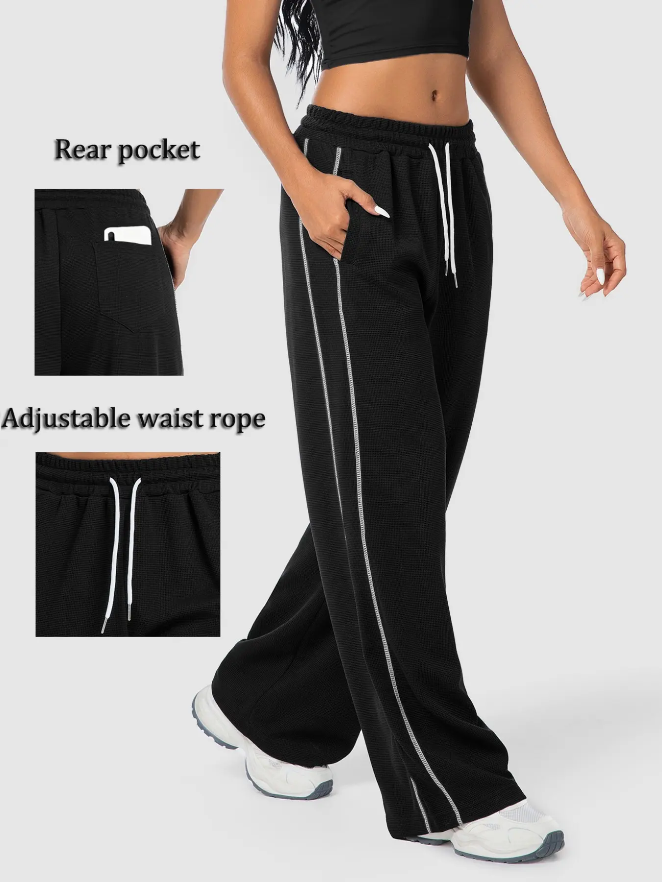 Women's Waffle Texture Loose Running Pants, Athleisure Fitness Pants, Side Color Block Design with Pockets, Straight Leg Joggers for All Seasons