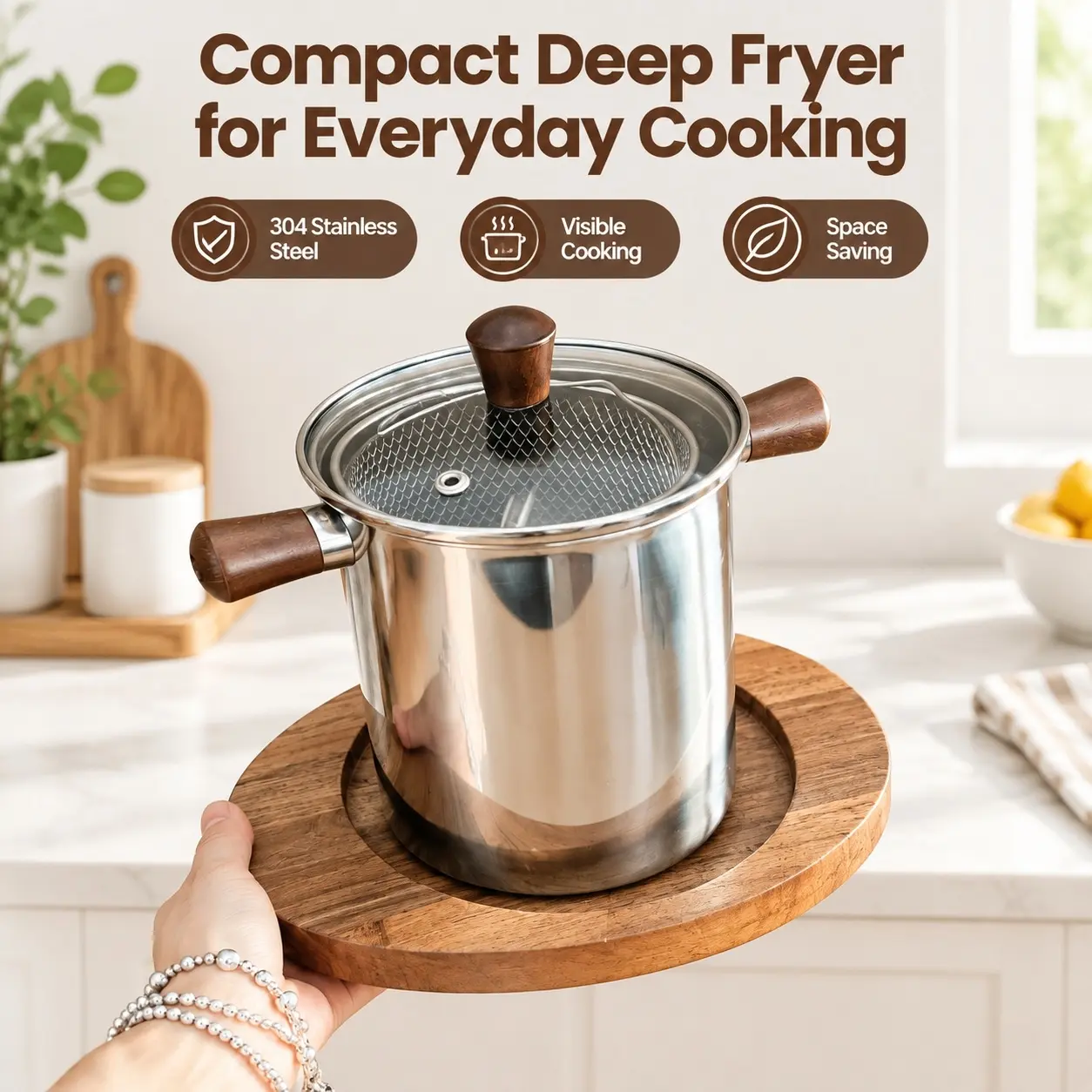 Deepened Small Household Deep Fryer, 304 Stainless Steel Pot with Double Wooden Handles, Tempura Frying Pot with Frying Basket & Lid