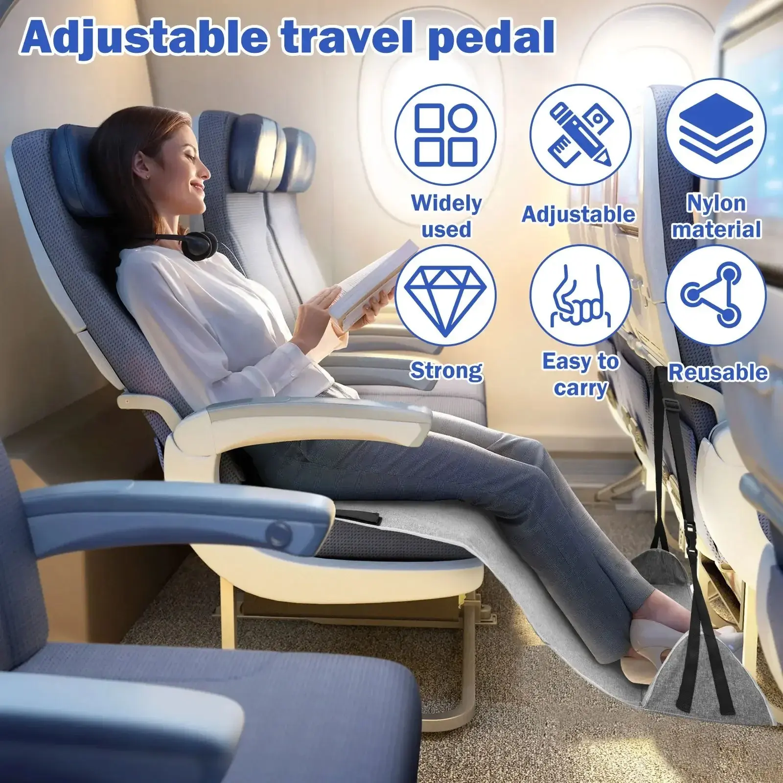 Airplane Foot Hammock Nylon Travel Foot Rest, Adjustable Strap, Upgraded Comfort, Airplane Foot Sling for Travel Office