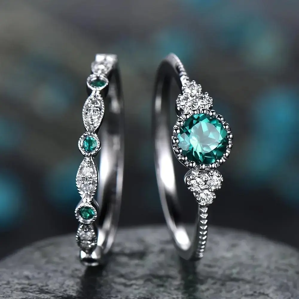 Women's 2-Piece Blue-Themed Ring Stack - April Birthstone Statement Rings, Blue Gemstone Milgrain Edge Bands, Metal Coating, Affordable Fashion Gift for Anniversary