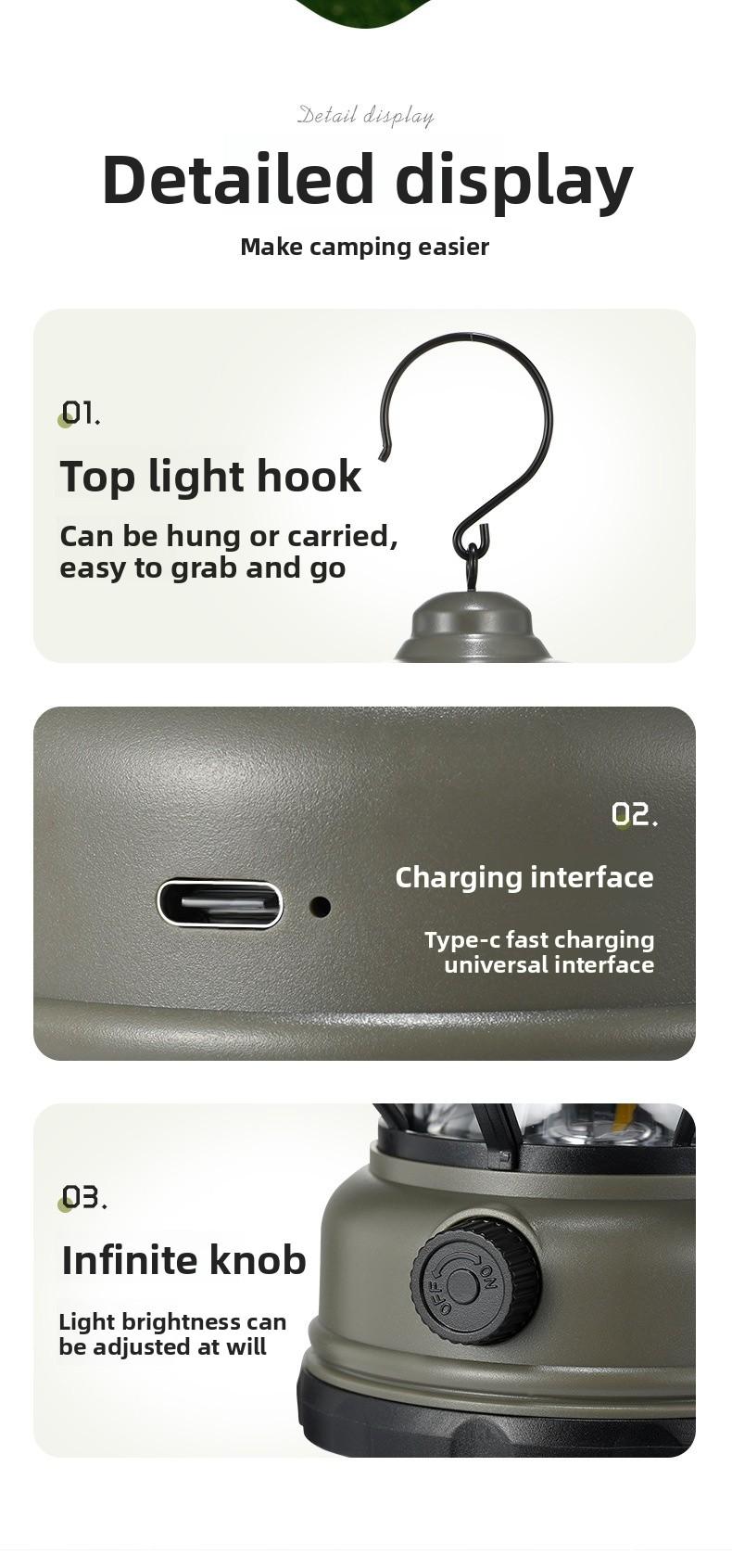 Outdoor Camping Lantern USB Rechargeable LED Light Long Lasting Battery Retro Tent Lamp for Night Market Party Atmosphere Lighting Portable Hiking Lanterns