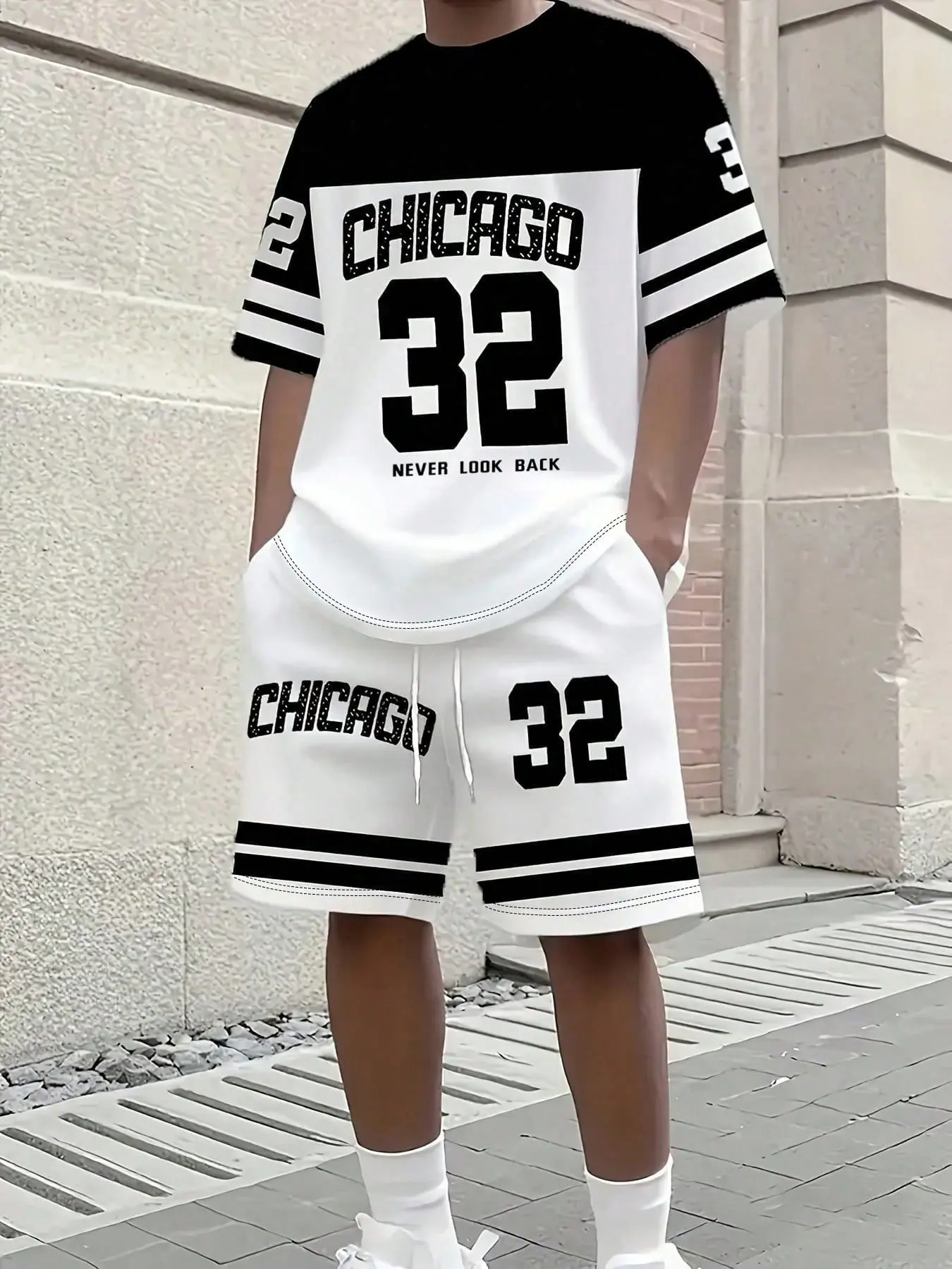 Men's Chicago 32 Number Print Short Sleeve Set, Casual Basketball, Streetwear Loose Fit, Quick-Dry Sports Jersey and Shorts