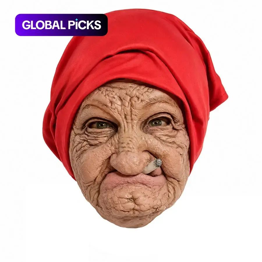 Adult Fun Smoking Grandma Mask, Realistic Horror Old Woman Full Face Latex Mask, Headscarf and Cigarette, Halloween, Prank, Costume Party, Hyper Realistic Mask, Elderly Mask