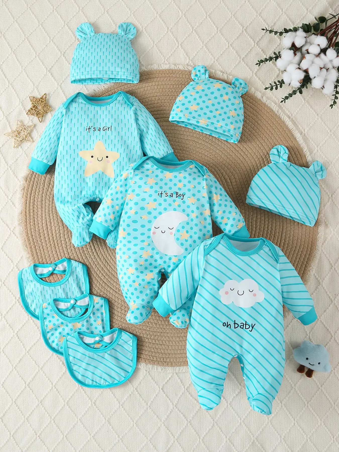 Newborn Mint Bodysuit Set with Bear Ears Hat and Bib, Soft Breathable Fabric, Full Foot Coverage, Unisex Baby Clothes