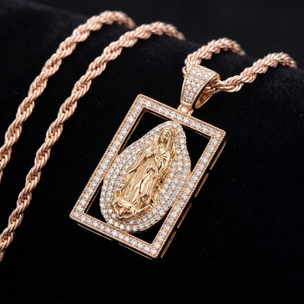 COLOZA Iced Out Virgin Mary Necklace 18K Gold Stainless Steel Guadalupe Pendant With CZ, Hip Hop Jewelry, 29.5 Inch Rose Gold Rope Chain