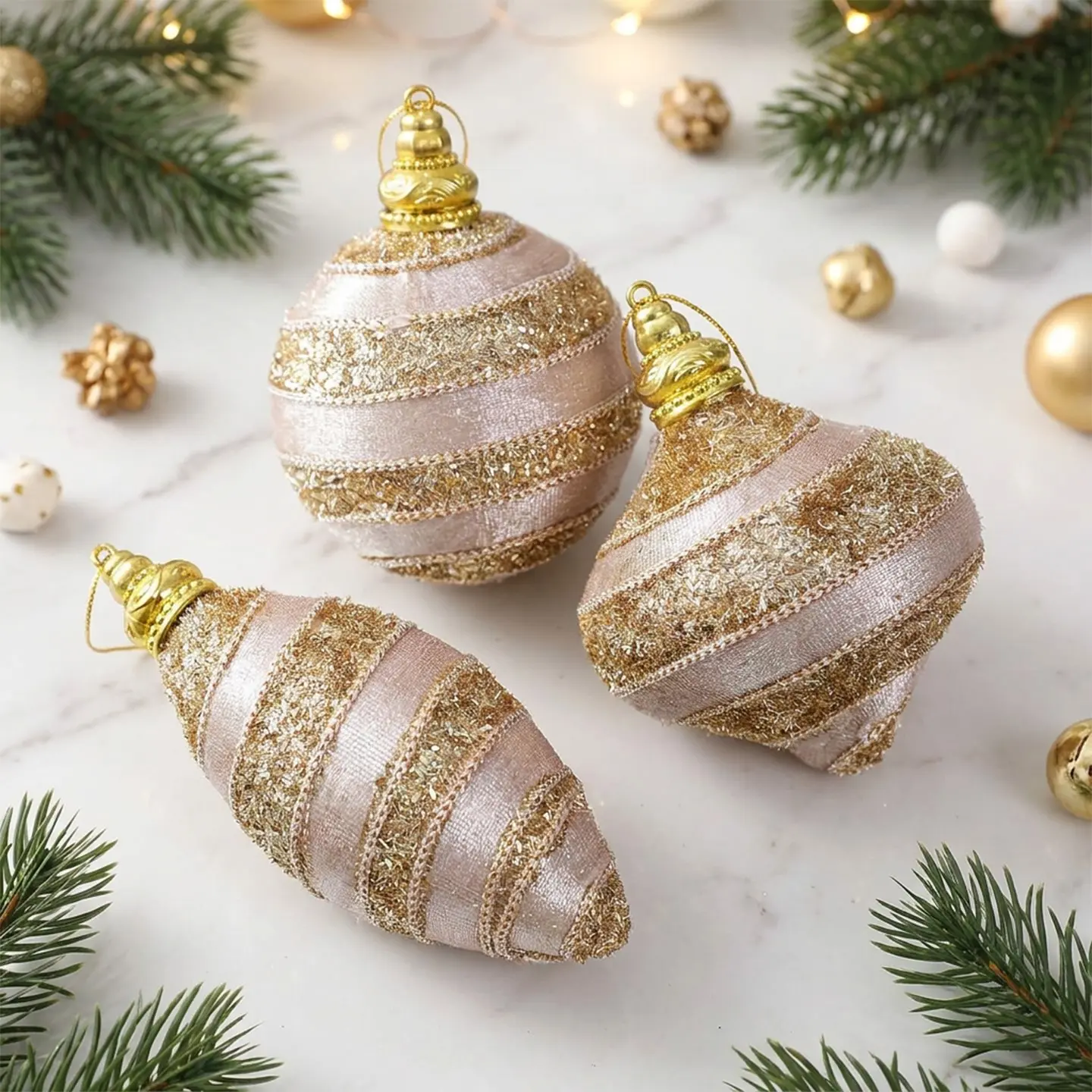 3-Pack Champagne Gold Glitter Striped Christmas Ornaments, Ribbon-Attached Round Water Drop Rhombus Hanging Decor, Luxury Christmas Tree Atmosphere Decorations