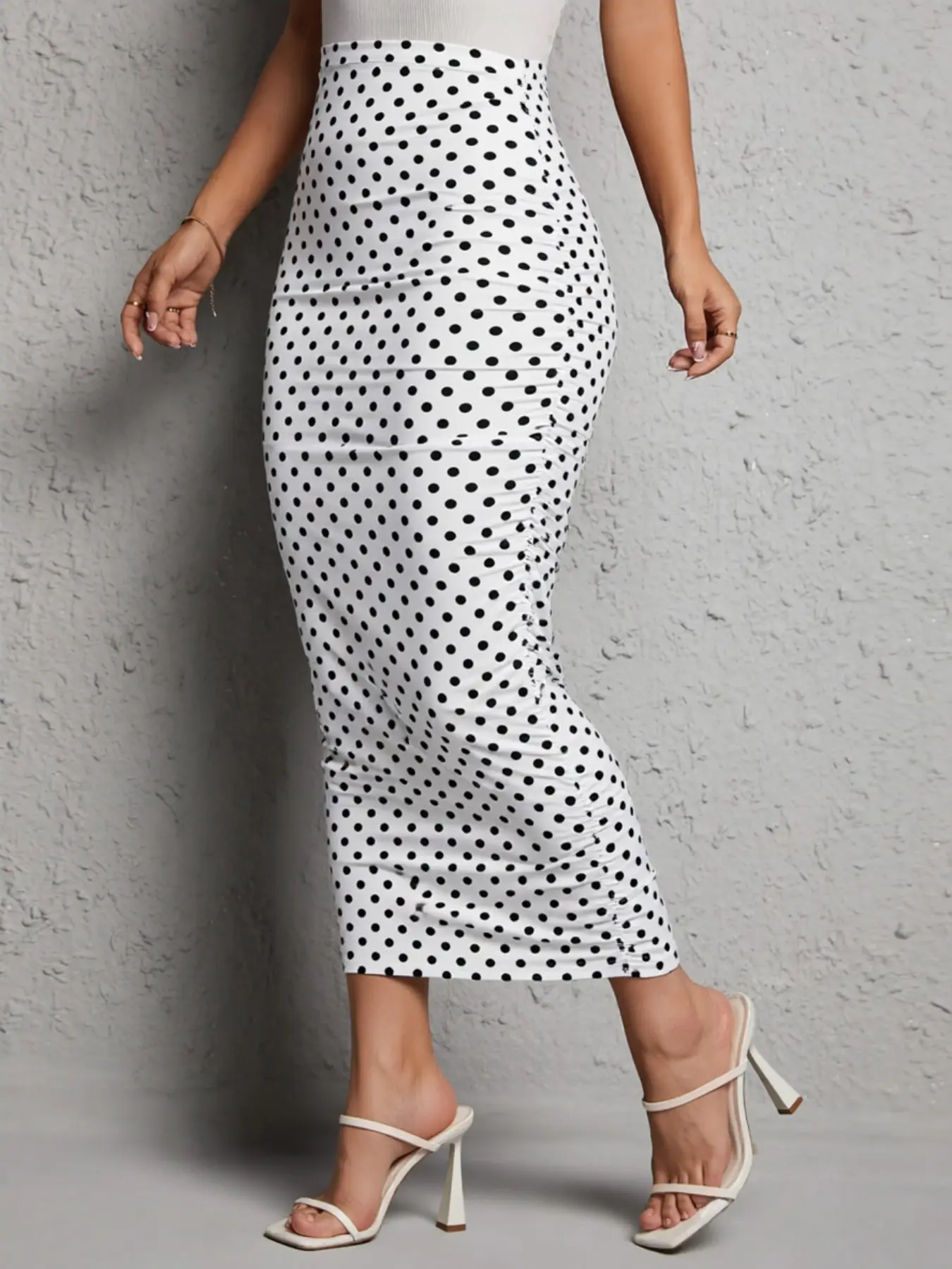 Women Polka Dot High Waist Midi Skirt, Side Ruched Slim Pencil Skirt Vestidos, Tiktok Shop Viral OOTD Outfit Inspo For Ladies Dating Daily Soft Stretchy Women's Bottoms Clothes