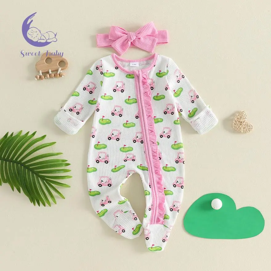 Baby Girls Outfit, Long Sleeve Golf Cart Print Frills Zipped Footies Jumpsuit and Headband Fall Clothes