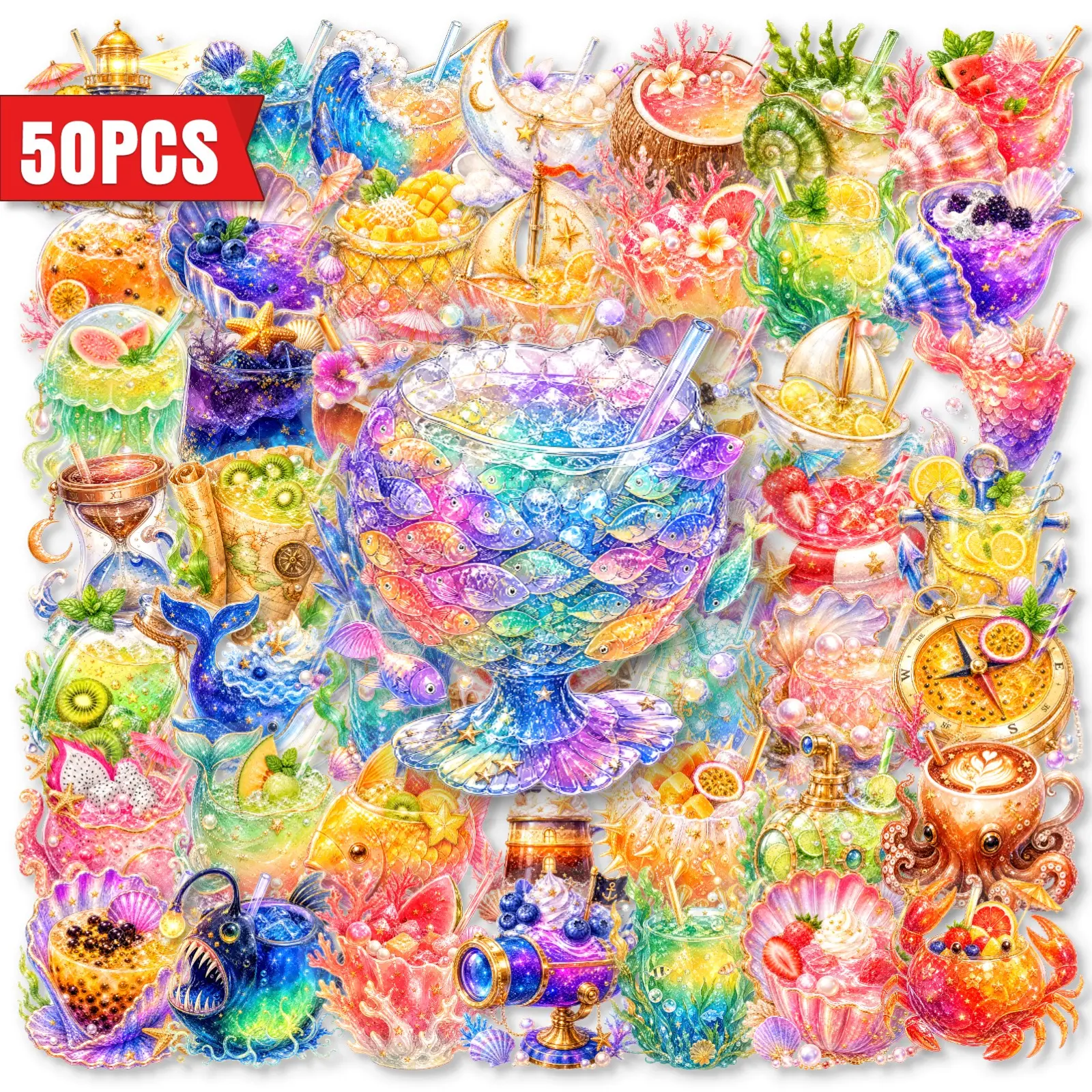 50Pcs Iridescent Clear PET Transparent Stickers, Dreamy Star Moon Ocean Cold Drink Decor Decals, for DIY Scrapbook Journal, Planner Accessories, Office Products, Back To School Decor