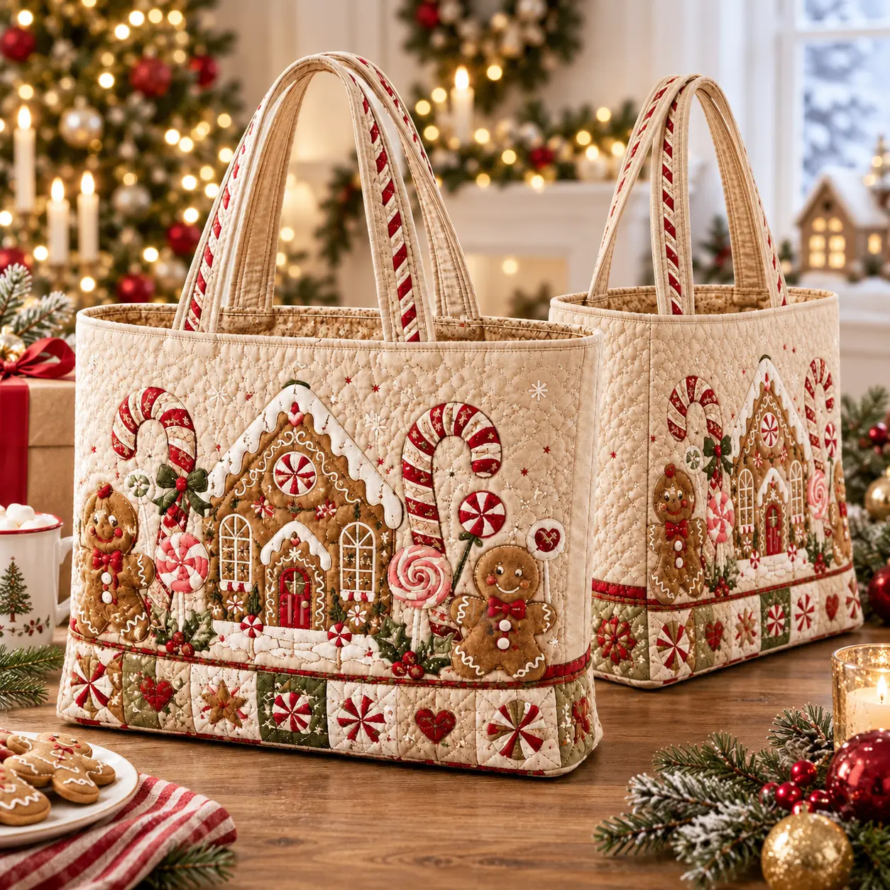 Women's Christmas Quilted Tote Bag - Gingerbread Theme Festive Motifs Handbag with Candy Cane, Gingerbread Man Appliqué, Double Straps, Casual Wear Accessory, Festive Carryall for Shopping, Seasonal Gift for Mom