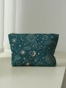 Cute Star & Moon Pattern Corduroy Makeup Bag, Lightweight Multifunctional Cosmetic Storage Bag, Casual Versatile Compact Zipper Makeup Bag for Travel & Daily Use, Makeup Organizer Pouch, Portable Cosmetic Bag