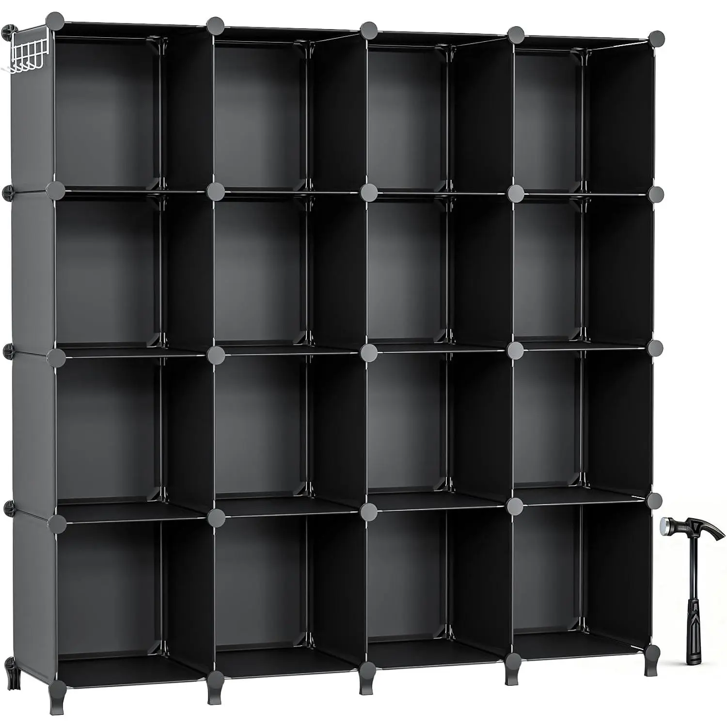 Neprock 16 Cubby Storage Organizer, Cube Closet Shelves for Clothes Storage, Kids Bookshelf with Hammer (Black)