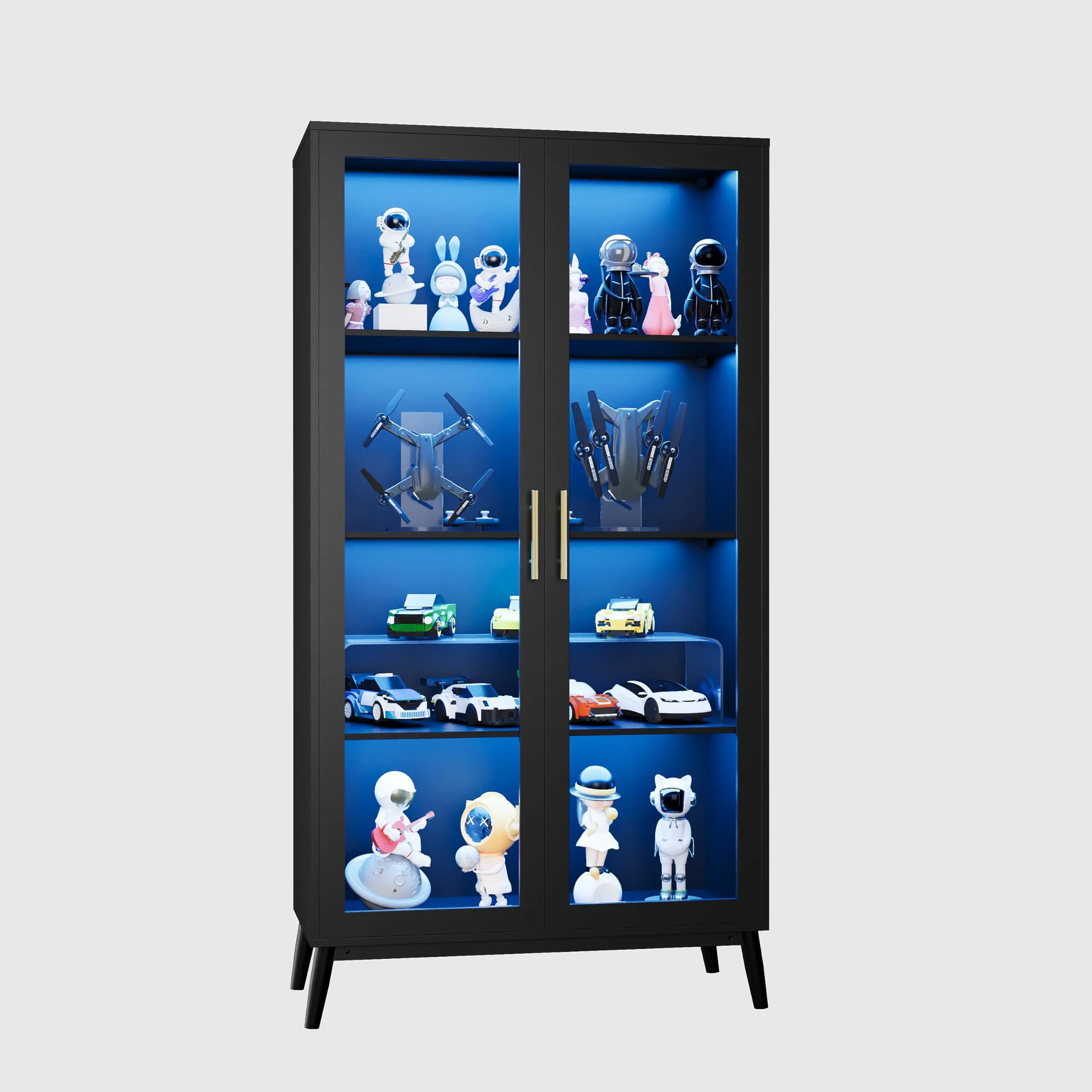 Glass Display Cabinet with RGB LED Lights – 4-Tier Curio Storage Case, Glass Doors, Human Body detector, USB Charging – Display for Collectibles, Toys, Books – Corner or Living Room Use