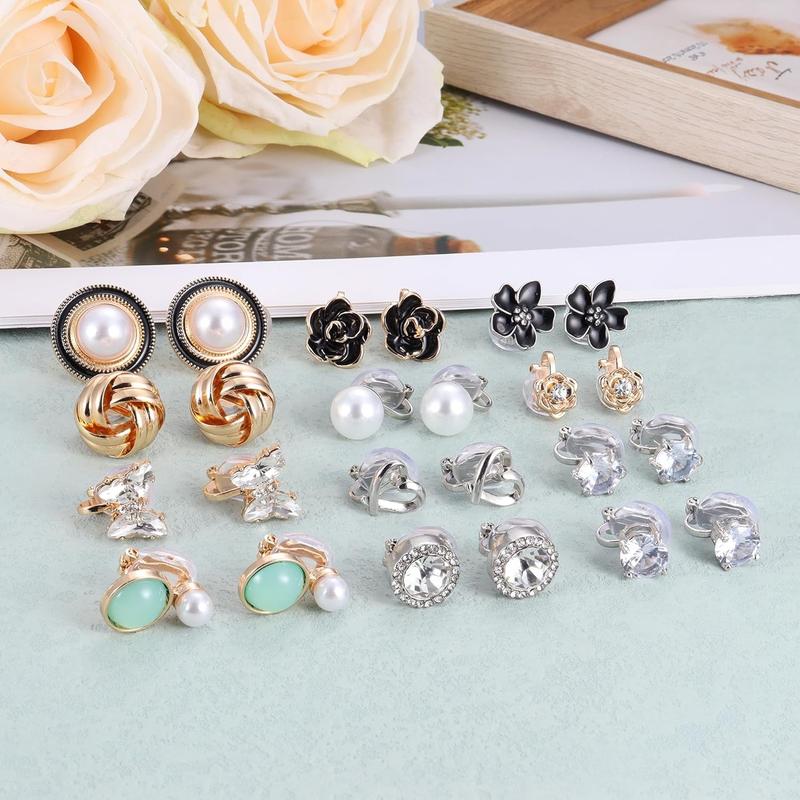 THUNARAZ 12 Pairs Retro Shining Ear Clips for Women Sparkling Crystal Clip Earrings Non Piercing Jewelry CZ Cute Butterfly Flower Pearl Clip on Stud Earrings Non Tarnish Jewelry Floral Men's Earrings Stack Goth Accessories for Christmas Gift