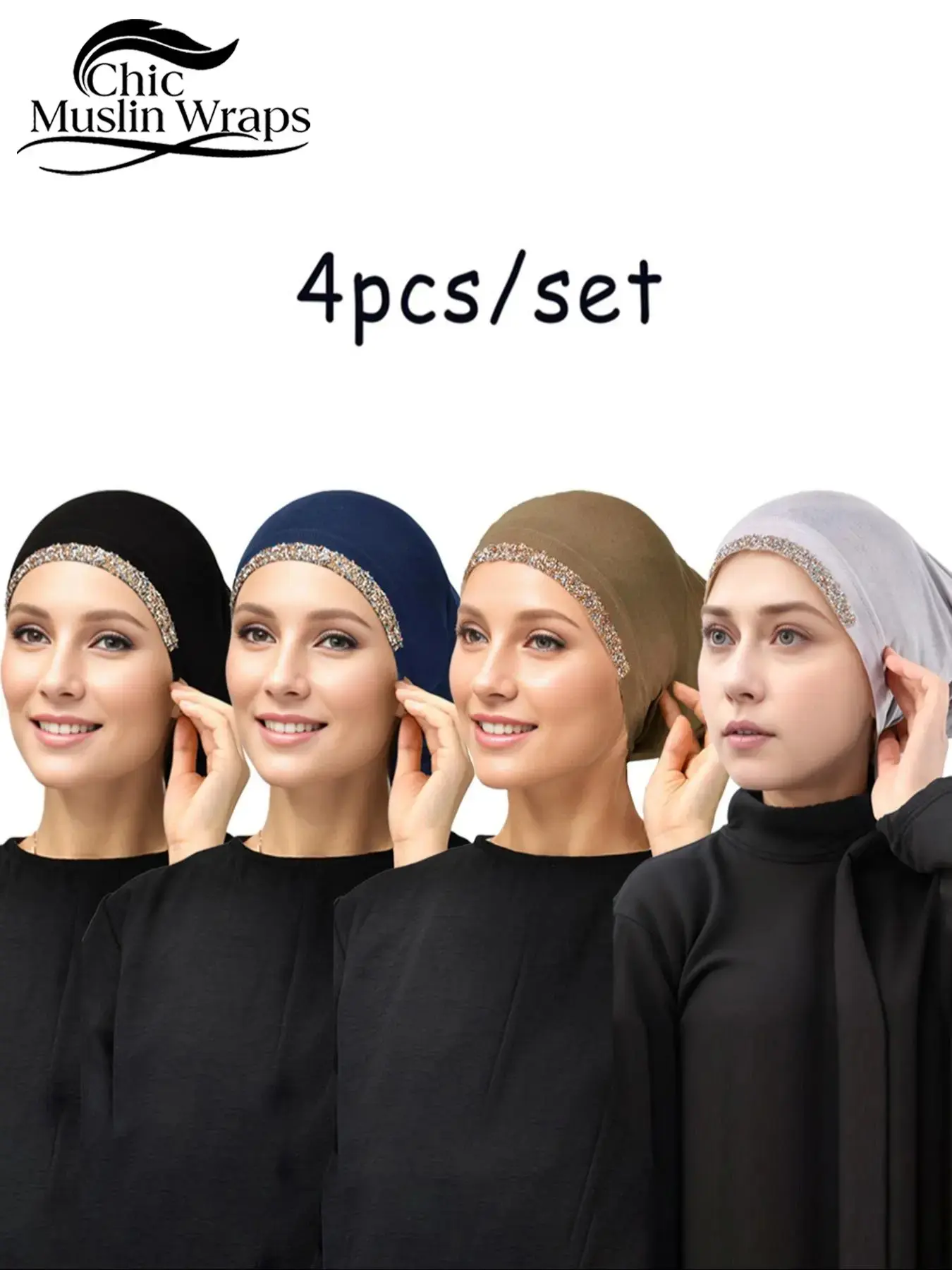 Women's Rhinestone Embellished Hijab Underscarf Cap Set, Hijab Undercap, Breathable Comfort Jersey Material, Fashionable Headwear for Daily Wear & Prayers